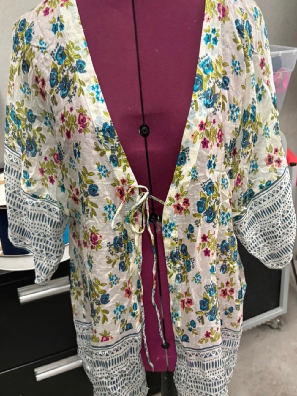 NATURAL LIFE White Floral Tie-Front Kimono with Blue Pink & Green Accents